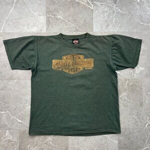 Vintage Harley Davidson Graphic Tee Mens Large y2k Army Green Short Sleeve